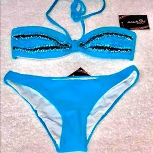 NWT BEACH JOY 2 Pc Turquoise & Black Beaded Bandeau Bikini Set Size Small